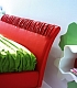 Кровать из красной кожи и белые необычные полки с зелеными элементами NIGHT SIDE LETTI-04