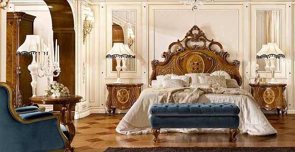 Двуспальная кровать с высокой спинкой, тумбочки, комод и шкаф из резного дерева LE ROSE