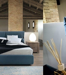 Современная итальянская кровать с мягким изголовьем синего цвета Devina